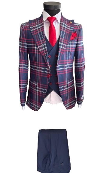 Costum Cu Carouri Pentru Barbati, 3 Piese, Slim Fit